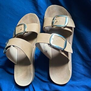 Stylish Tan Sandals with Gold Buckles